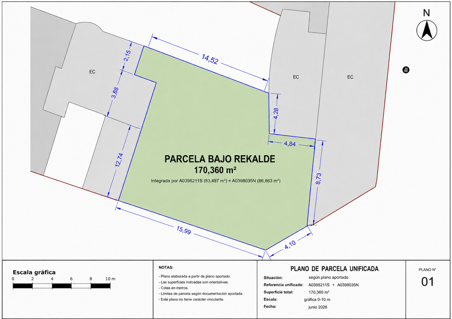 Plano de parcela unificada del bajo Rekalde con superficie total de 170,360 metros cuadrados